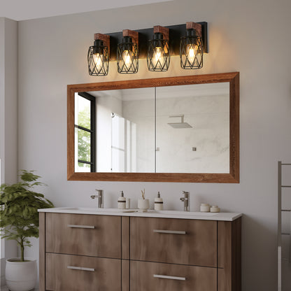 24" 4-Light Black Caged Wall Light with Wood Accents - view 4
