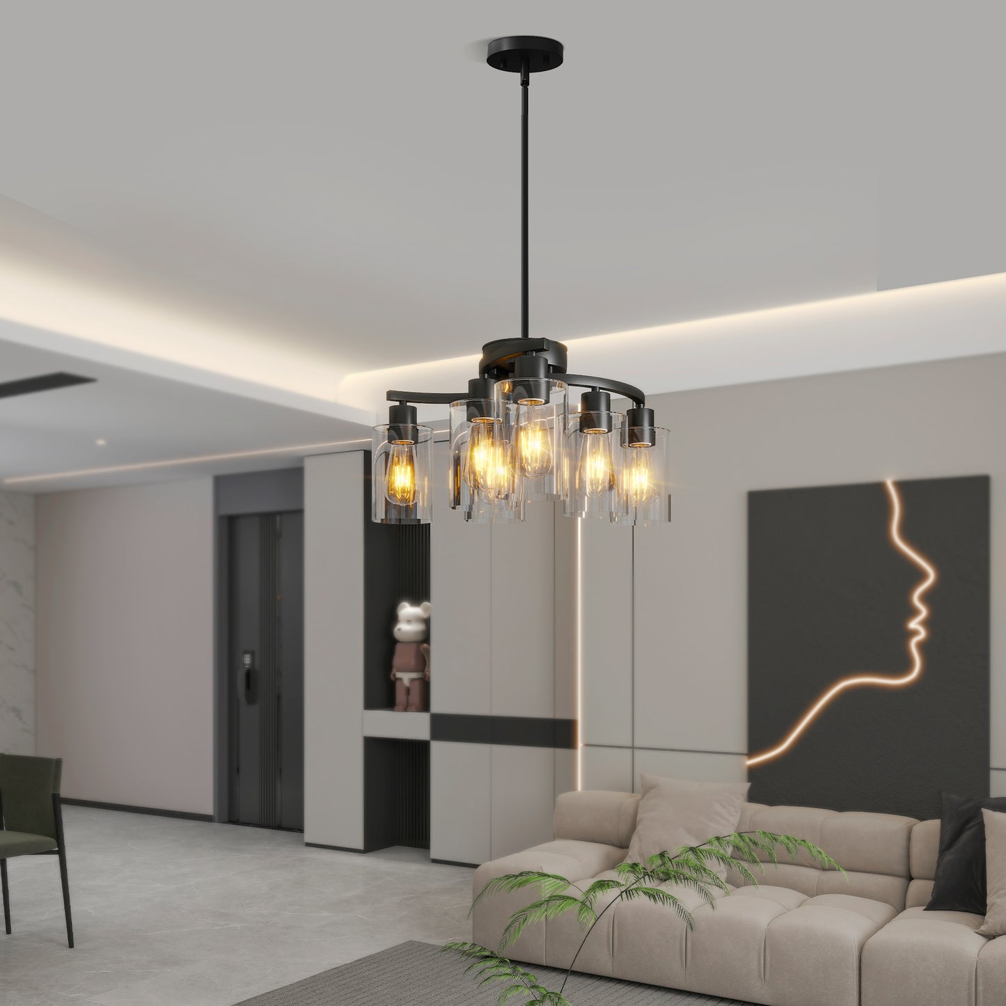 6-Light Black Farmhouse Chandelier with Clear Glass - view 2