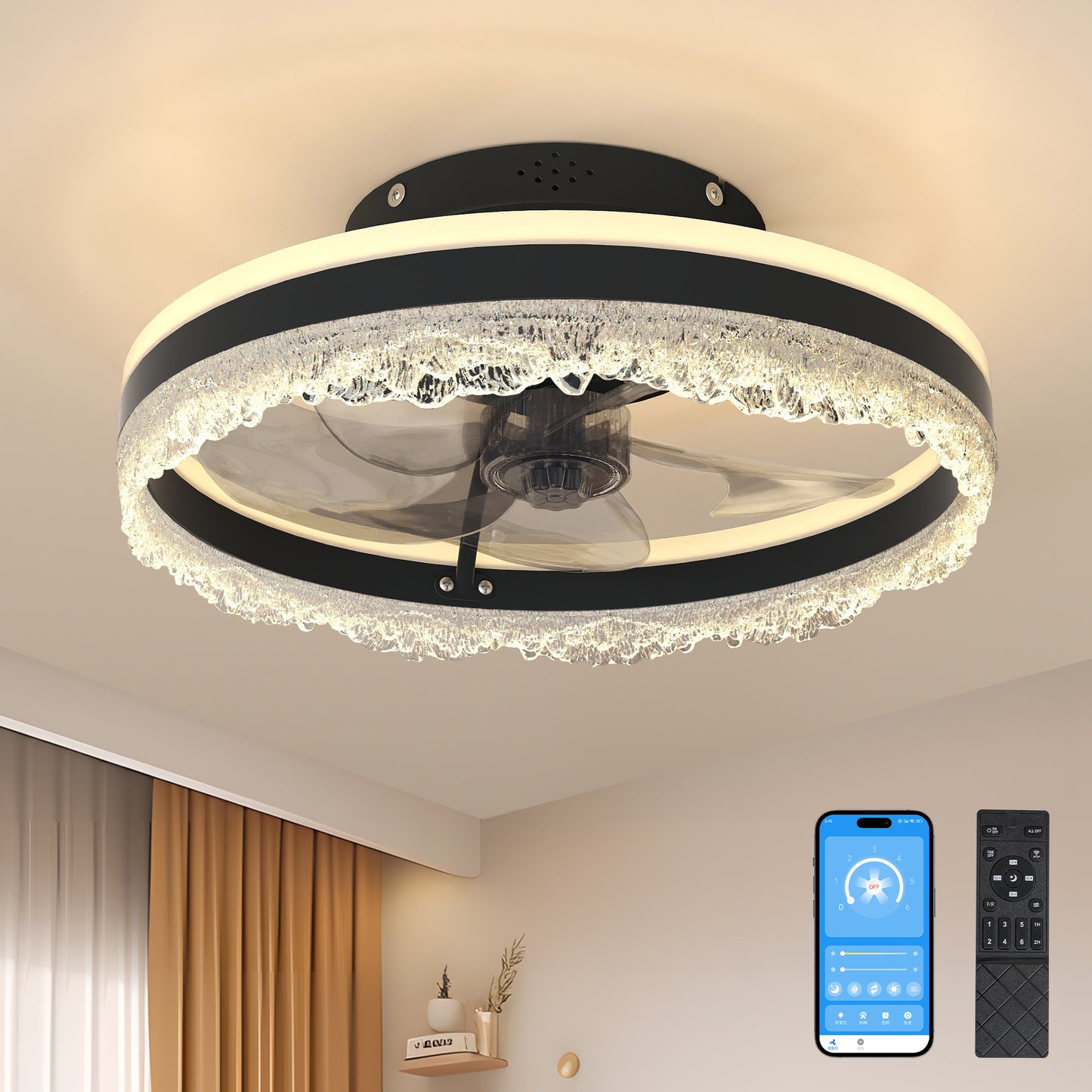 16" Black Crystal Flush Mount Ceiling Fan with LED