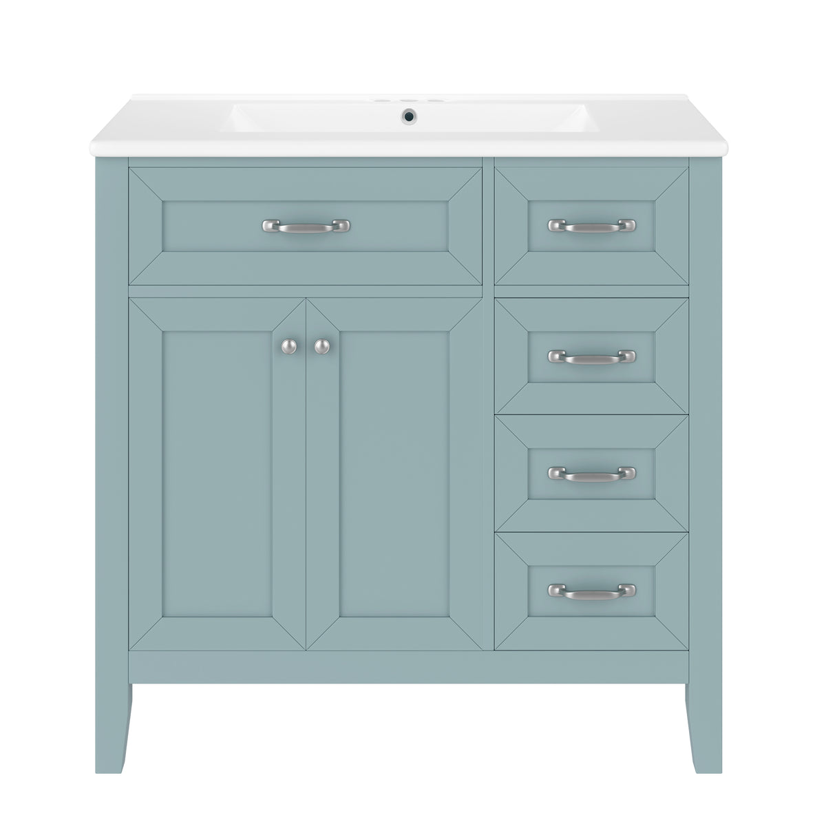 36" Green Bathroom Vanity with Sink, 4 Drawers & Black Handles