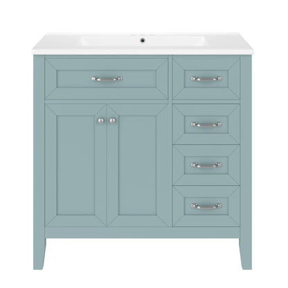 36" Green Bathroom Vanity with Sink, 4 Drawers & Black Handles