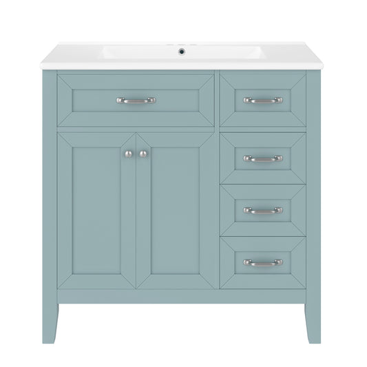 36" Green Bathroom Vanity with Sink, 4 Drawers & Black Handles