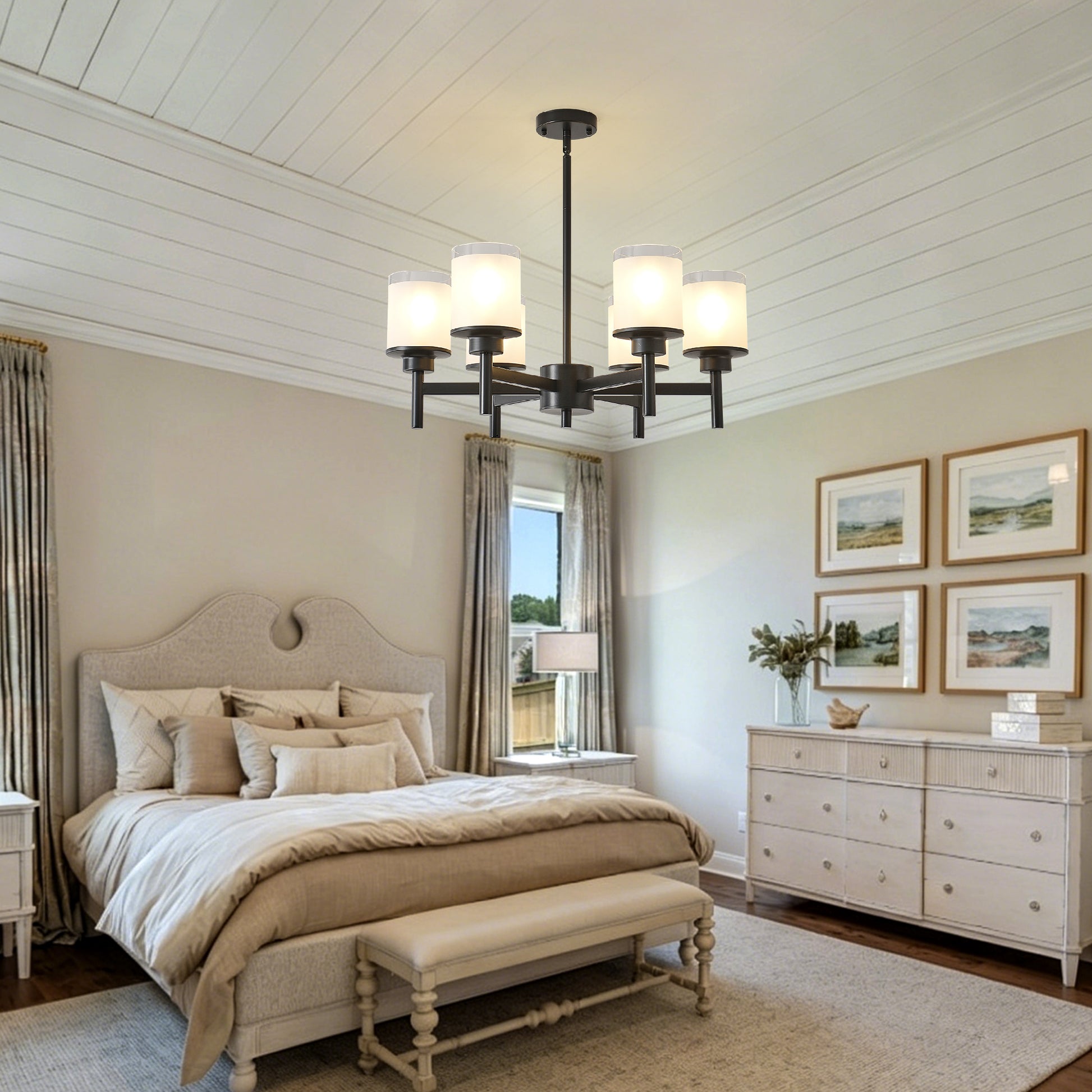 6-Light Black Farmhouse Chandelier with Frosted Glass - view 3