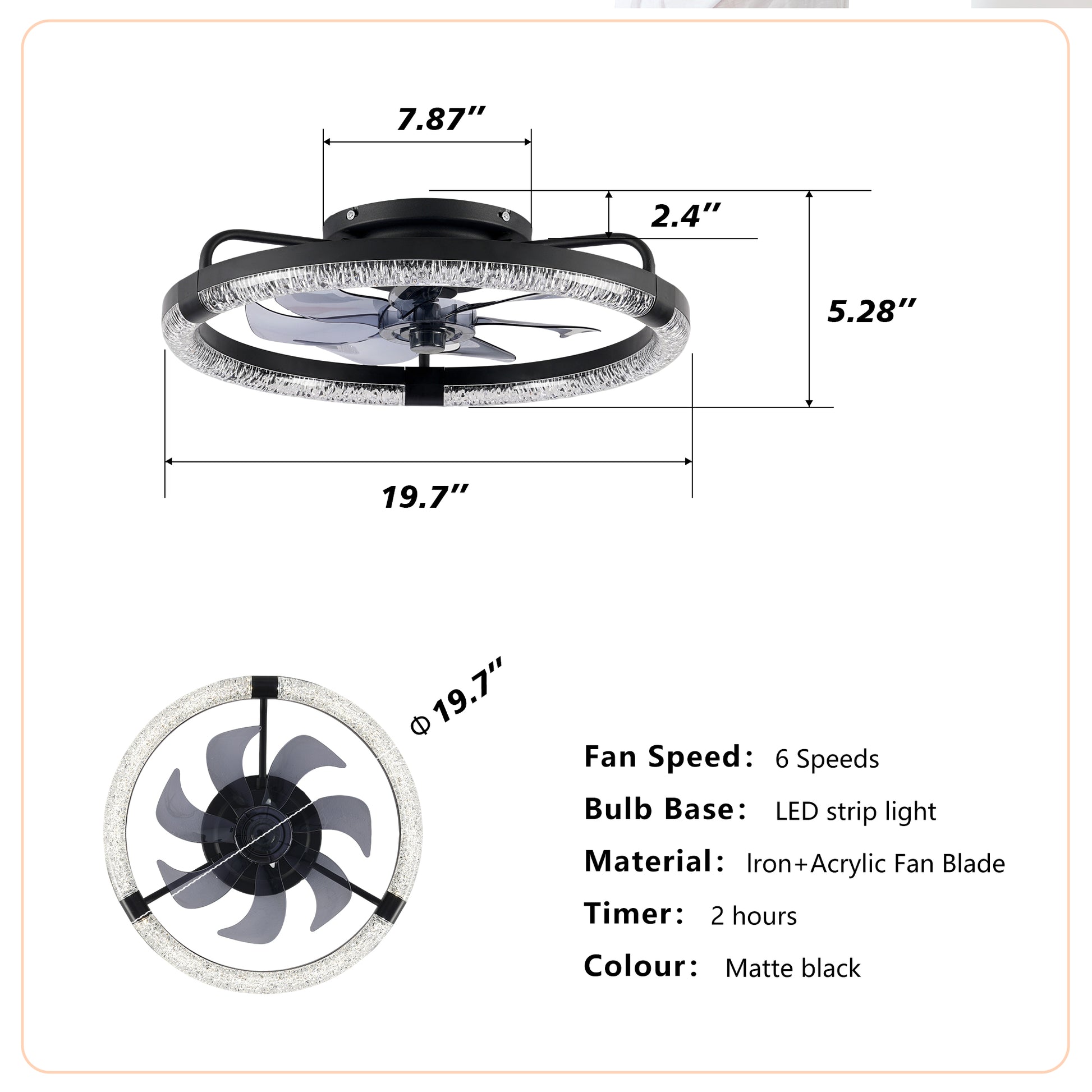 20" Matte Black Flush Mount Ceiling Fan with Dimmable LED - view 6