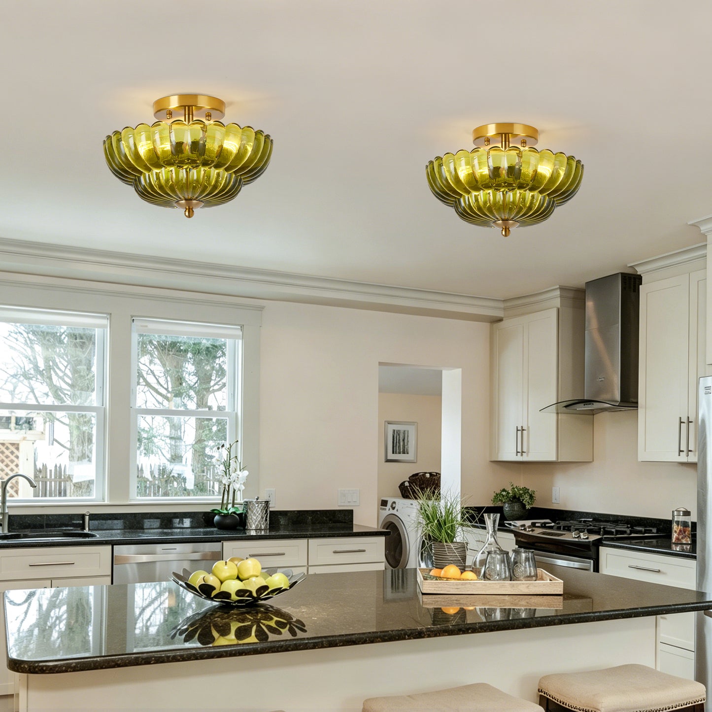 11.8" 3-Light Green Flower Glass Semi Flush Ceiling Light - view 3