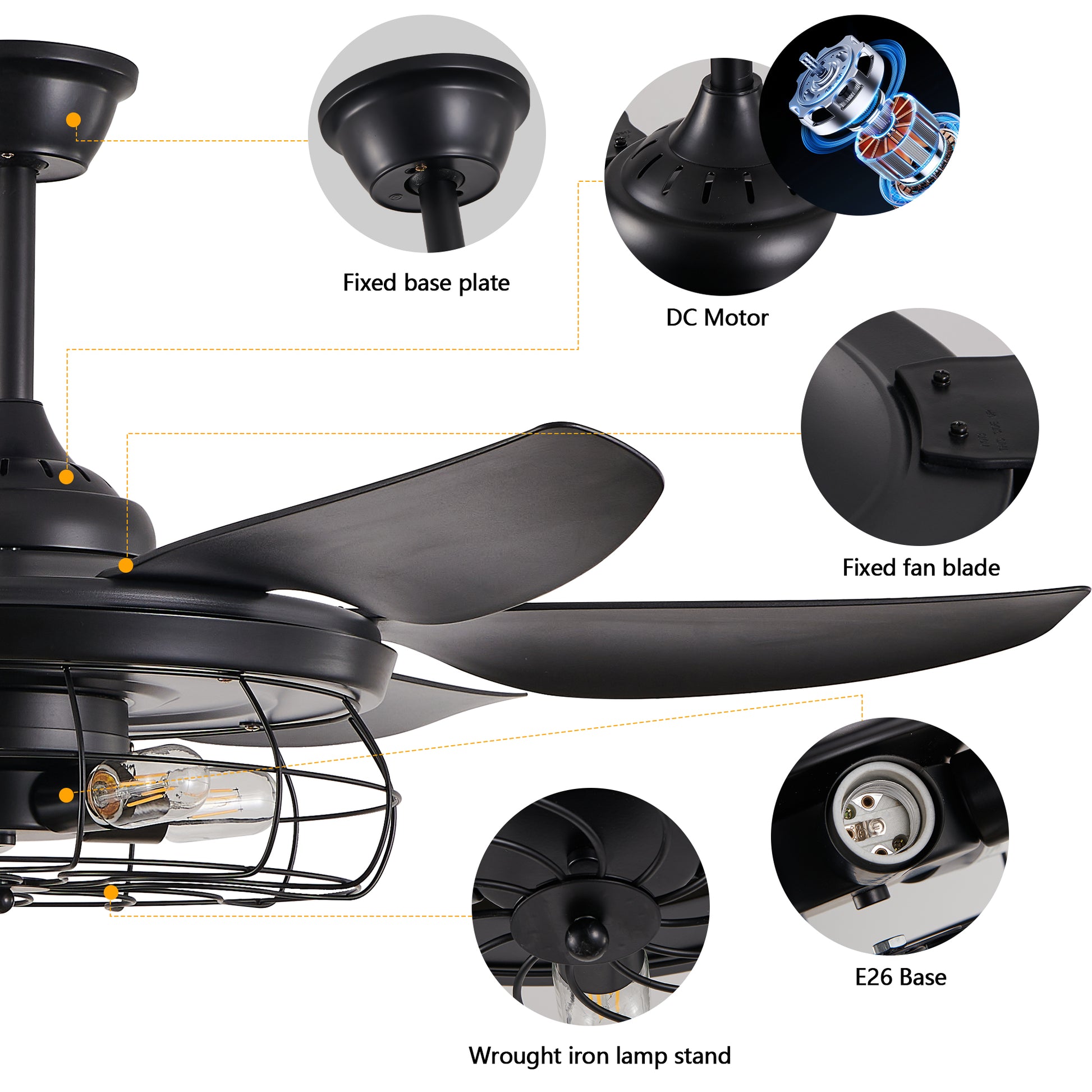 52" Black Industrial Caged Ceiling Fan with Light - view 6