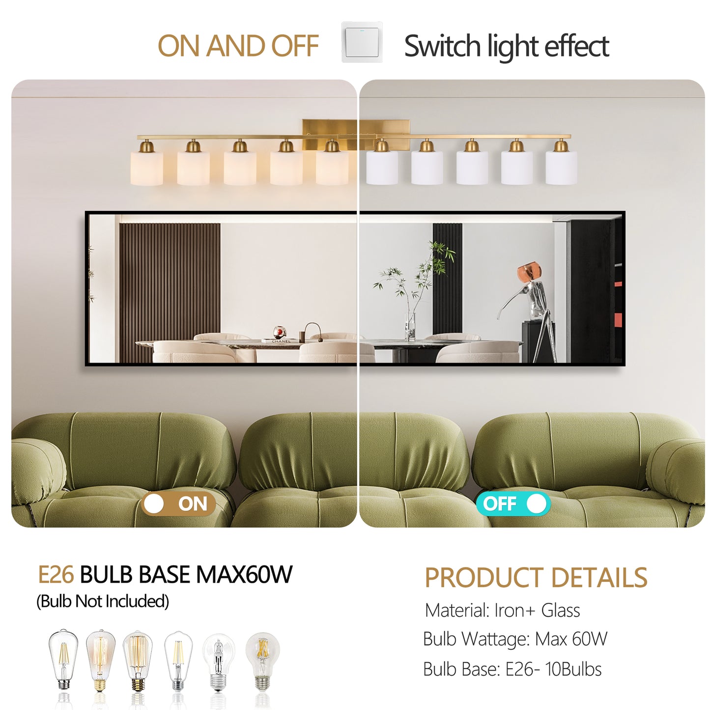 65" Gold Vanity Light with Milky White Glass - view 6