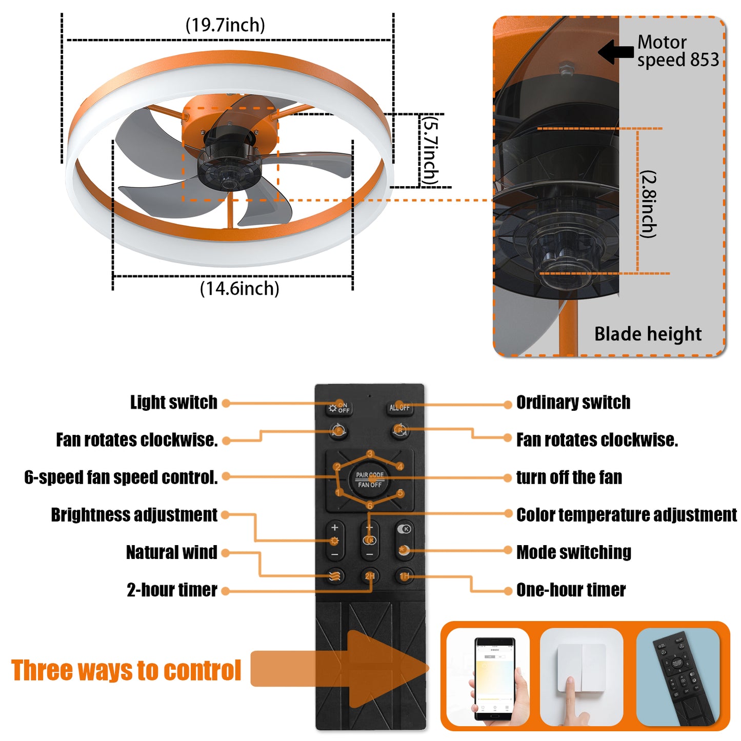 White & Orange Low Profile Ceiling Fan with Dimmable LED - view 8