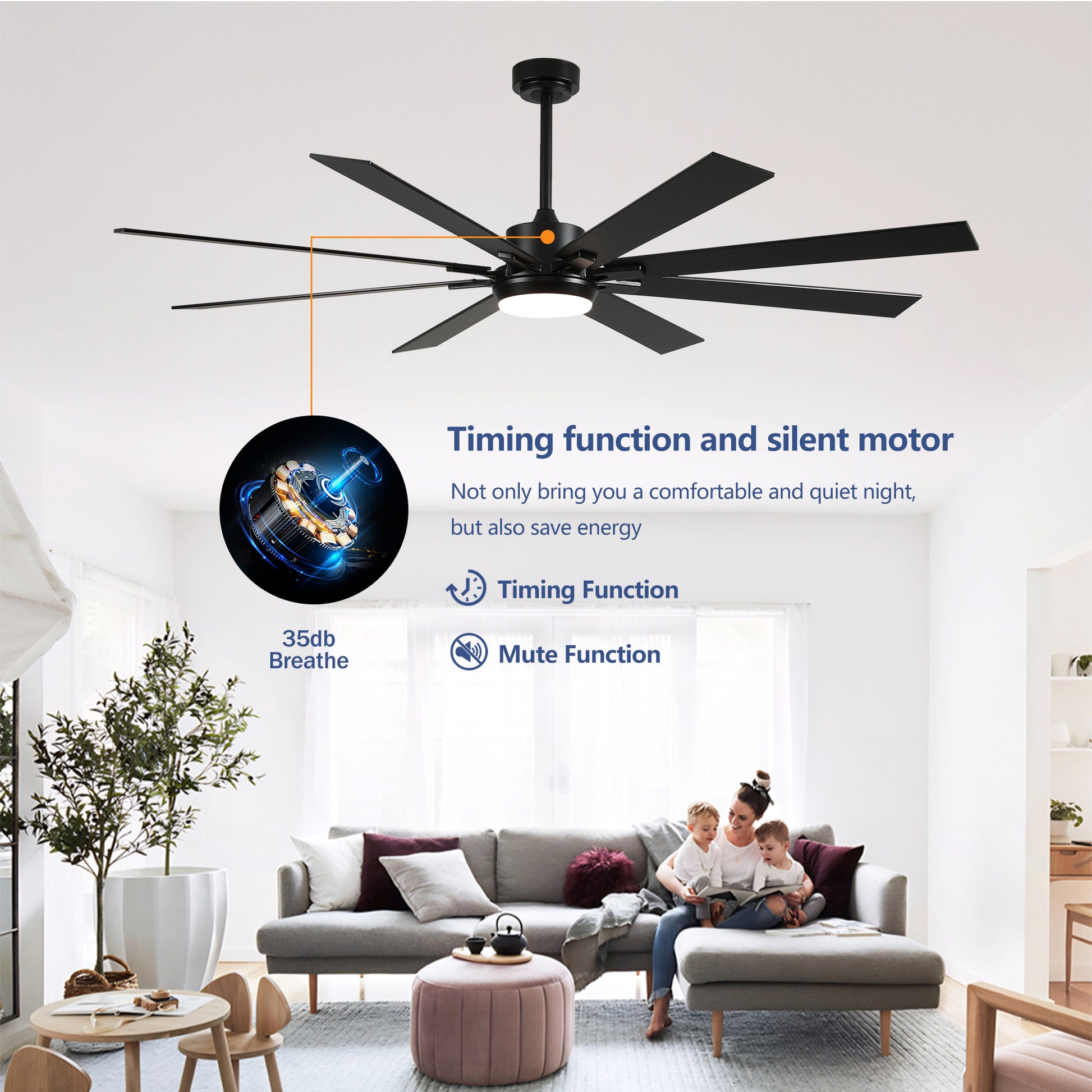 72" Matte Black 8-Blade Ceiling Fan with Dimmable LED - view 13