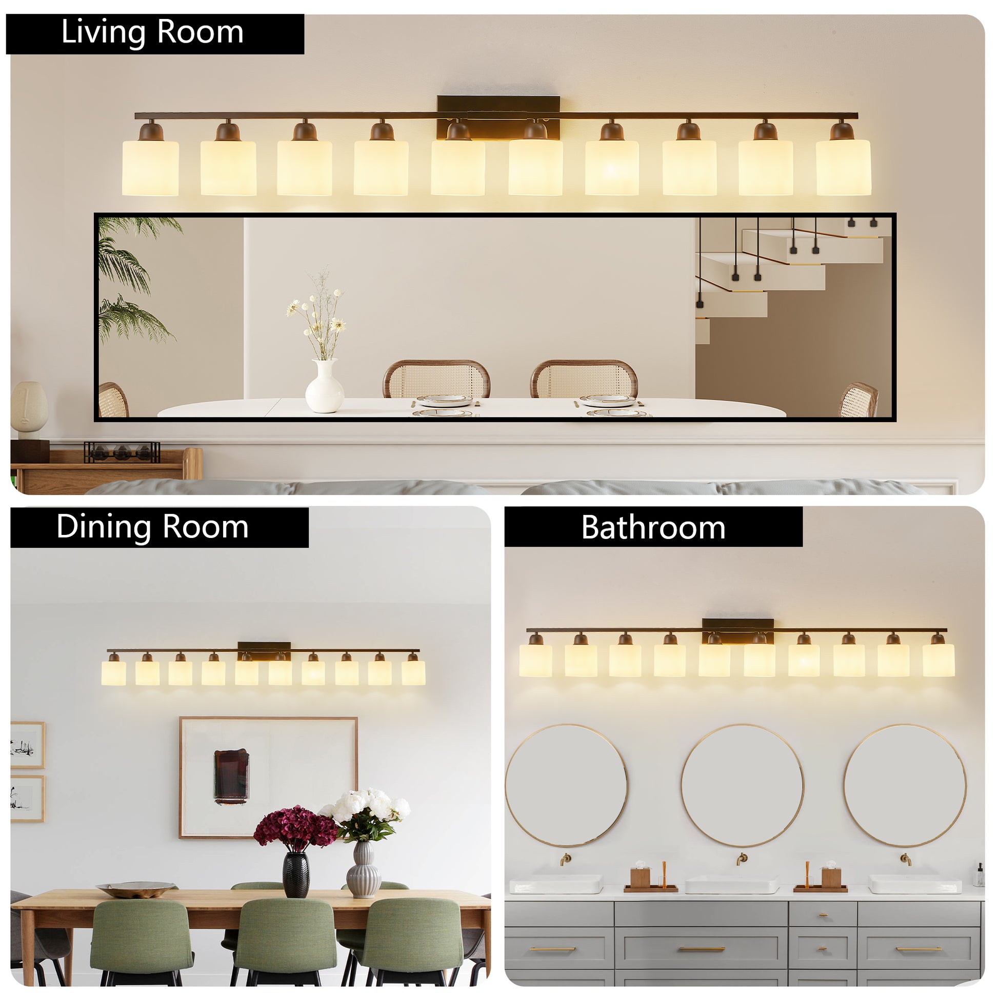 65.4" 10-Light Black Vanity Wall Light with White Glass - view 4