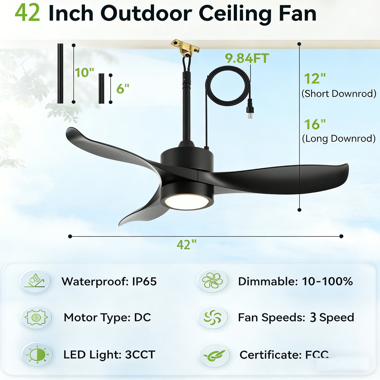 42" Matte Black Outdoor Ceiling Fan with LED Light - view 13
