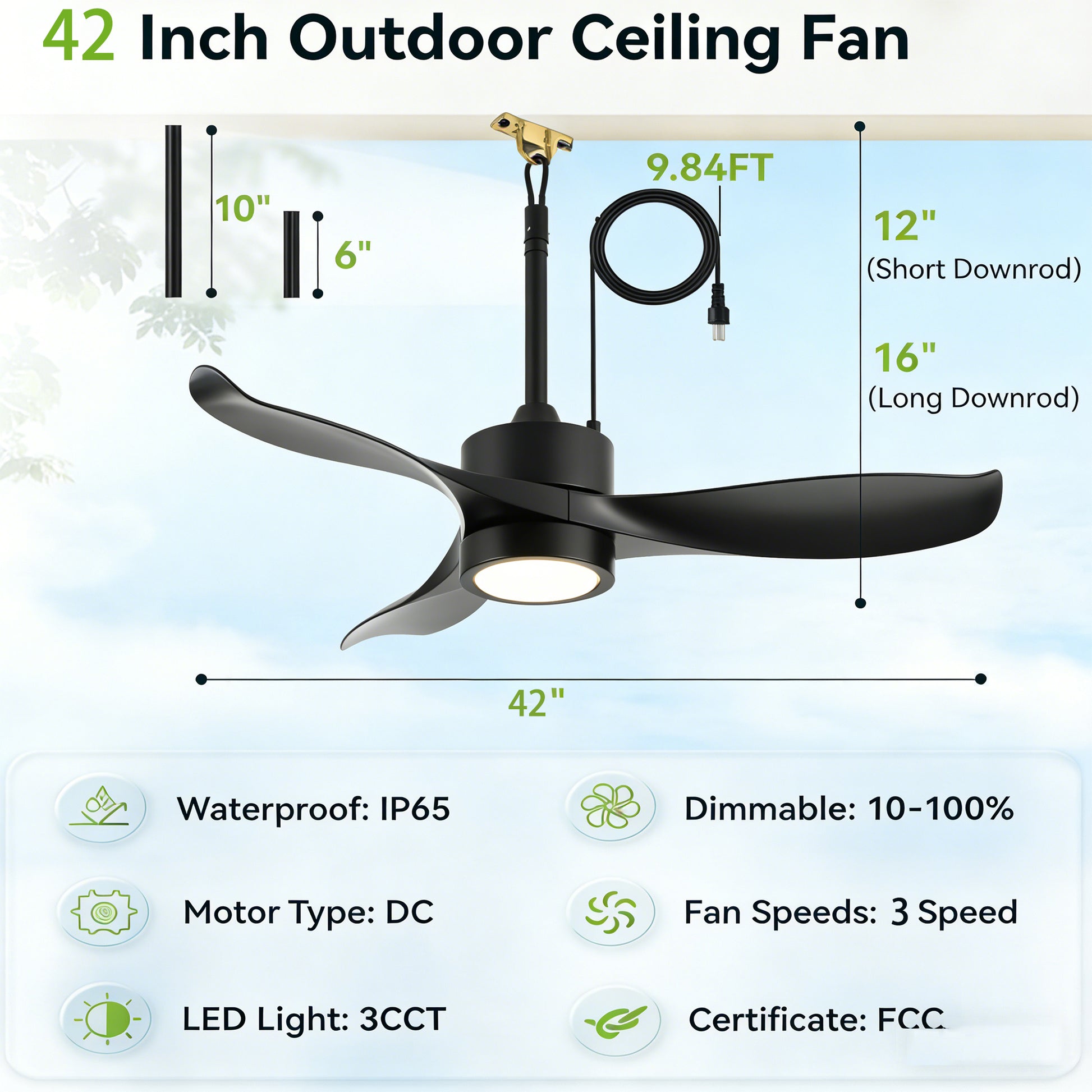 42" Matte Black Outdoor Ceiling Fan with LED Light - view 13