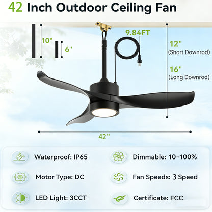 42" Matte Black Outdoor Ceiling Fan with LED Light - view 13