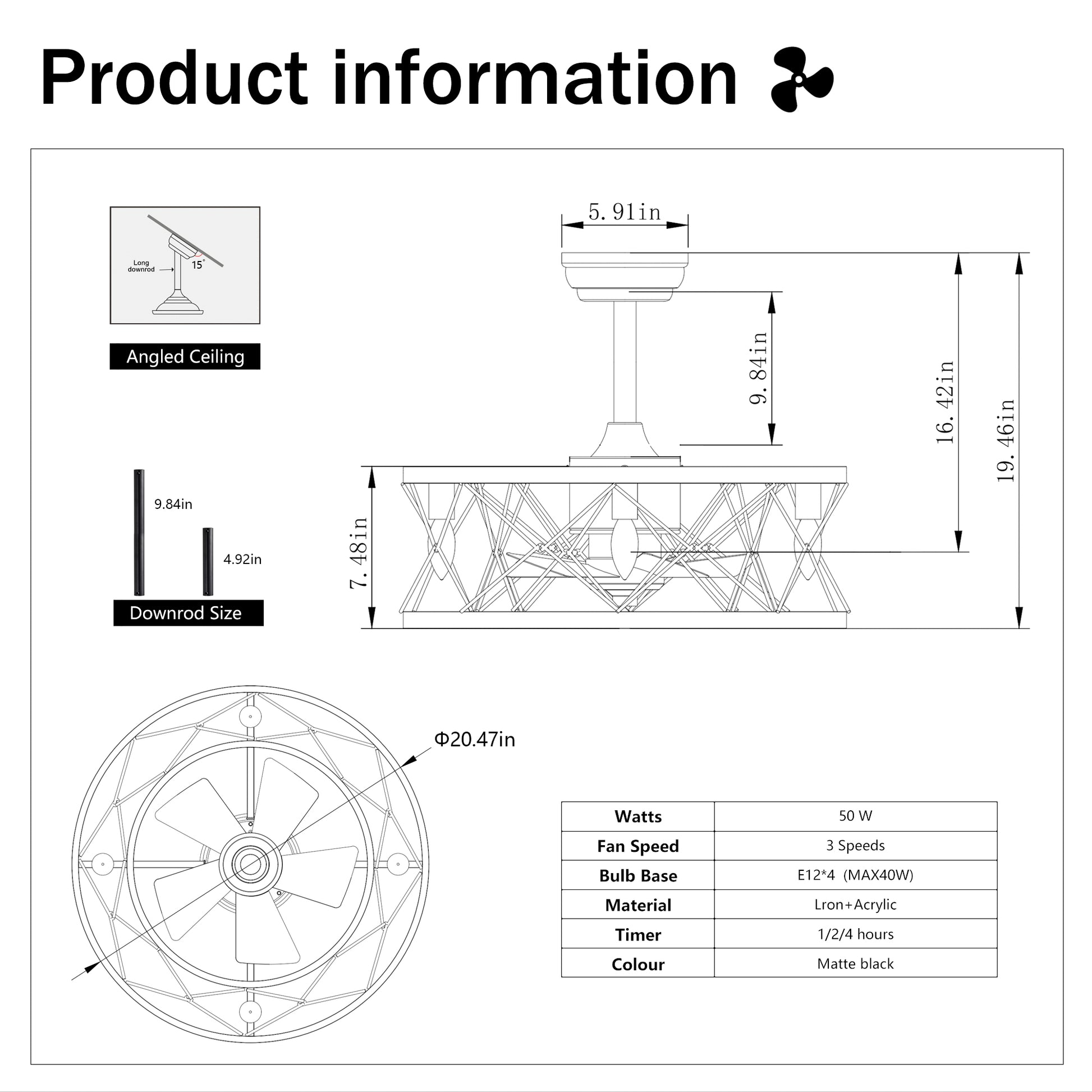 20" Matte Black Modern Enclosed Ceiling Fan - view 16