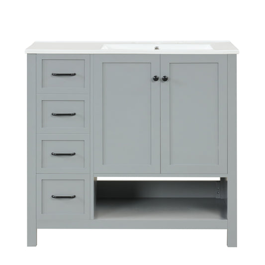 36" Gray Bathroom Vanity with Sink, 2 Doors & Open Bottom Shelf