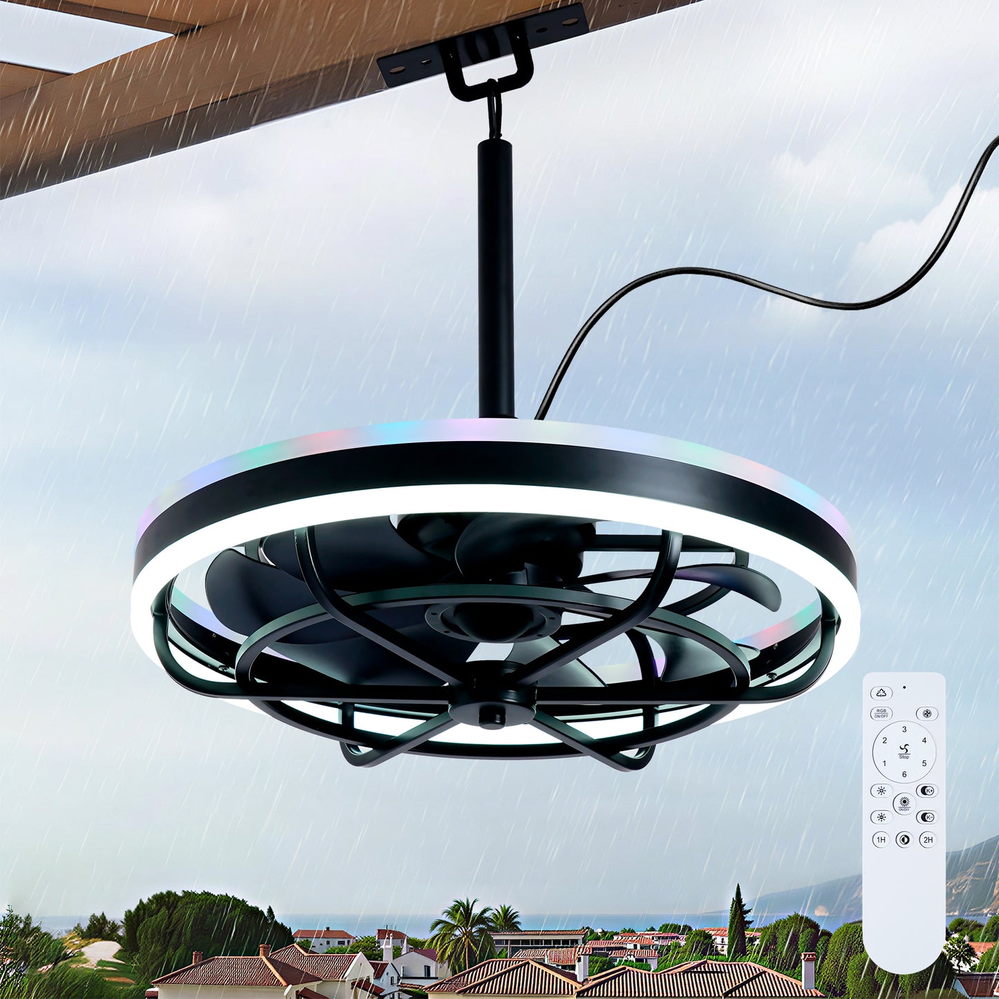 Matte Black Indoor Outdoor Ceiling Fan with Dimmable LED - view 2