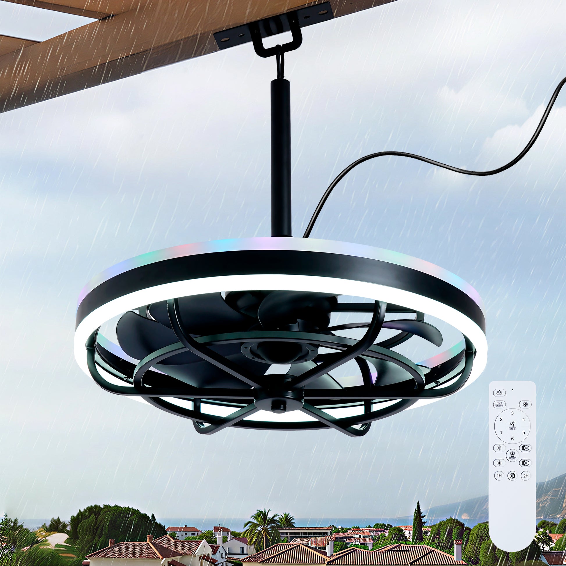 Matte Black Indoor Outdoor Ceiling Fan with Dimmable LED - view 2
