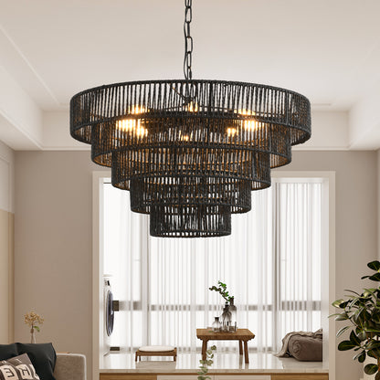 24" 5-Tier Black Hemp Rope Chandelier, 8-Light - view 2