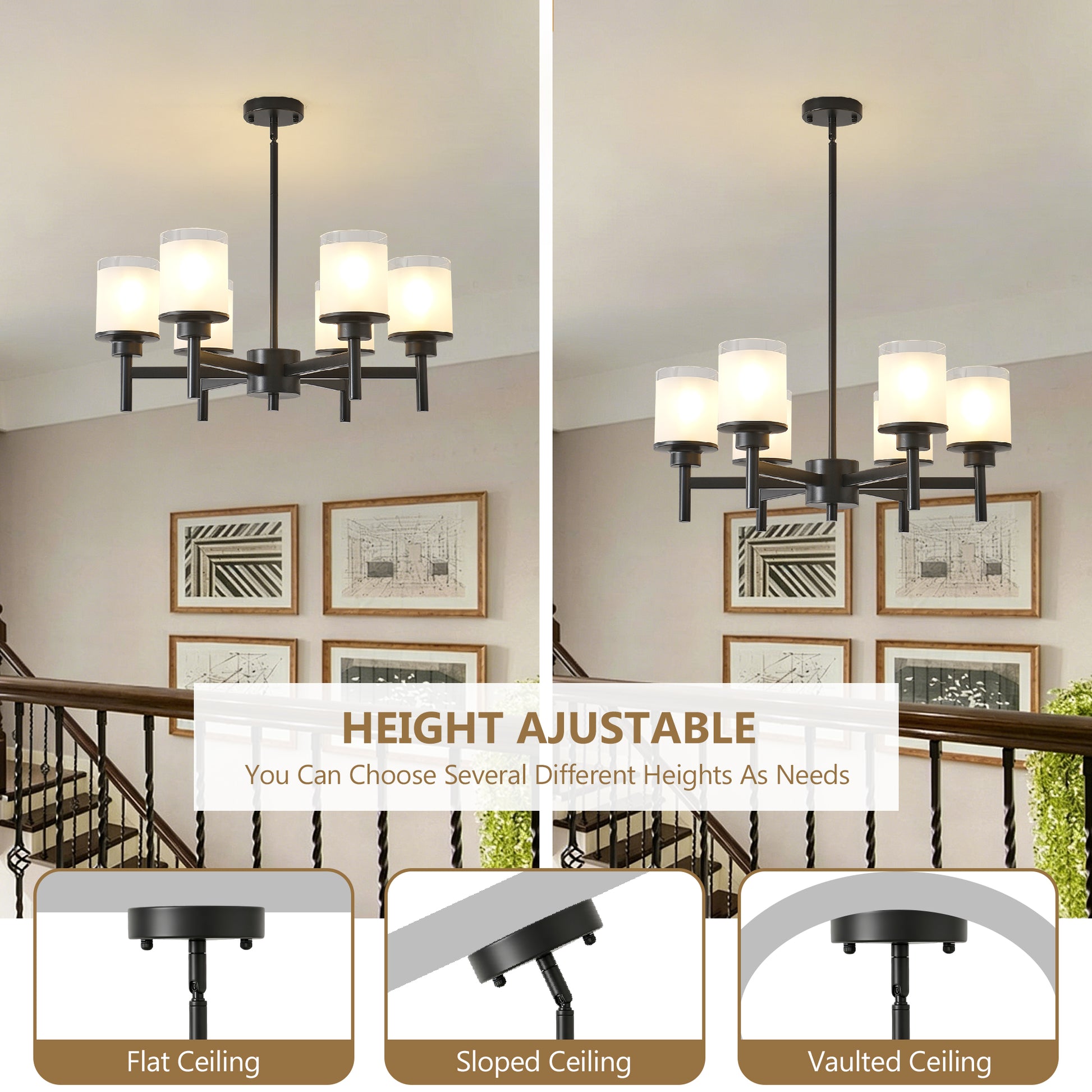 6-Light Black Farmhouse Chandelier with Frosted Glass - view 7