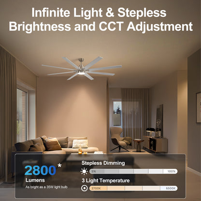 84" Nickel 8-Blade Ceiling Fan with Dimmable LED - view 3