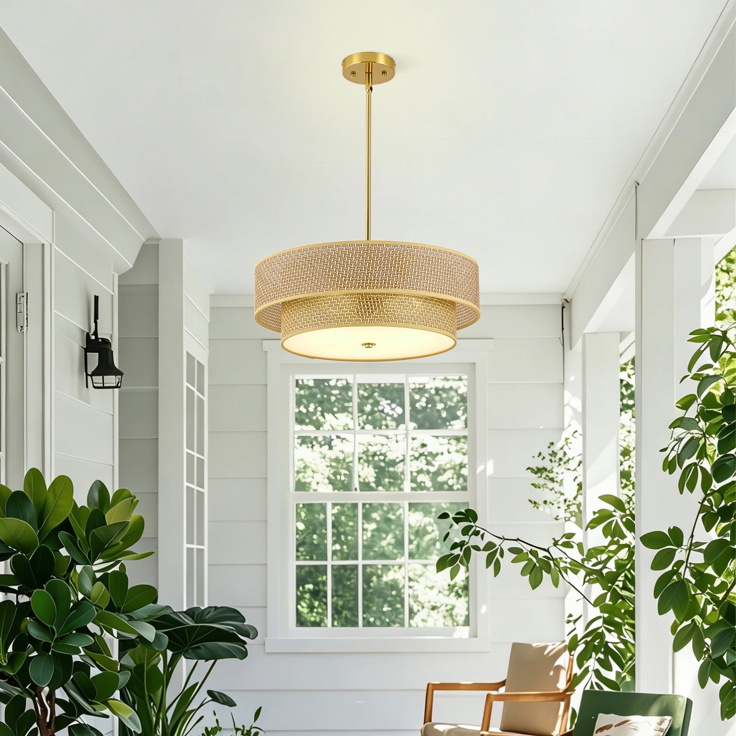 17.7" Gold Woven Rattan Semi Flush Mount Chandelier - view 2