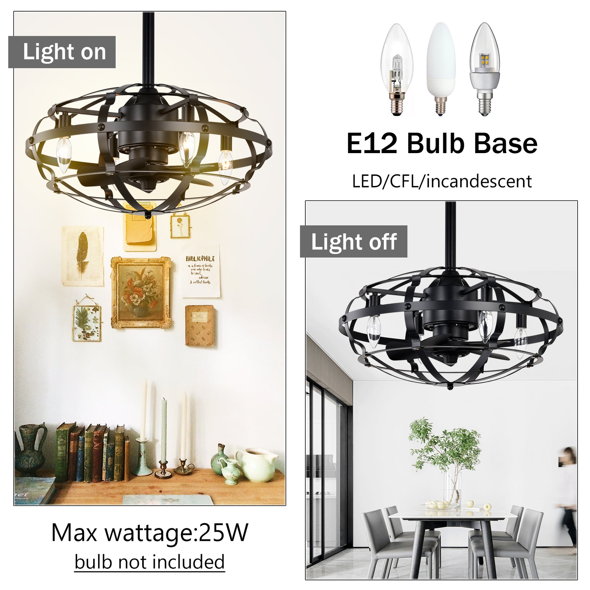 20.63" Matte Black Caged Ceiling Fan with Light - view 10