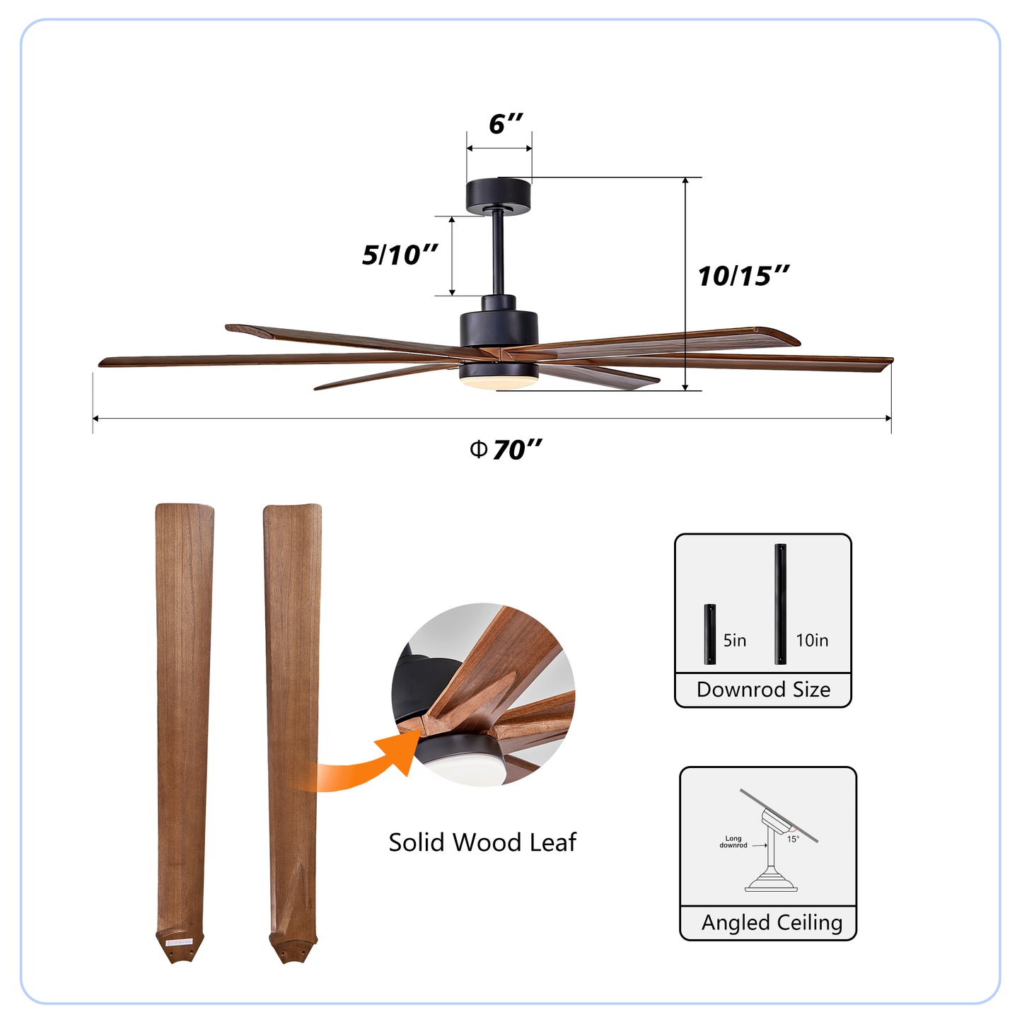 70" Matte Black & Walnut Solid Wood Ceiling Fan - view 7