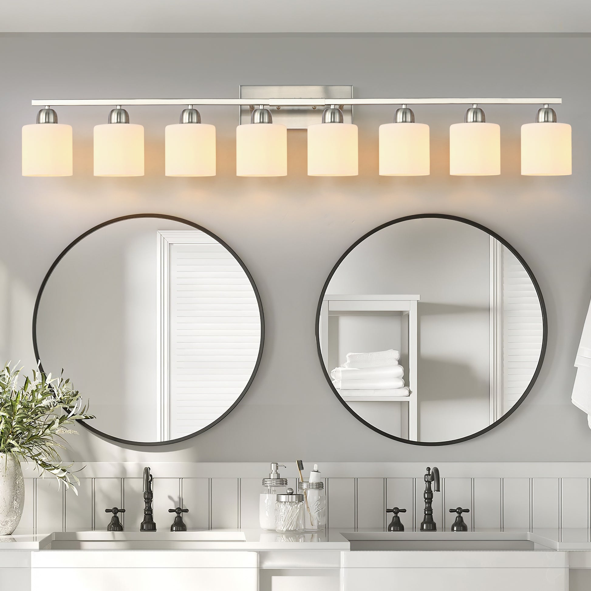 52" 8-Light Nickel Vanity Light with Milky Glass Shades - view 3