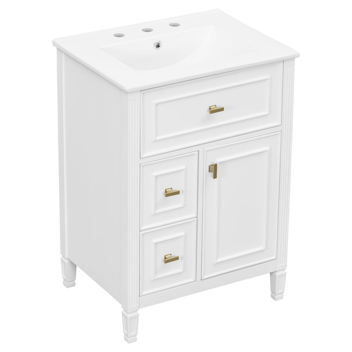 24" White Bathroom Vanity with Ceramic Sink and Gold Knobs