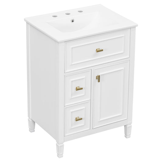 24" White Bathroom Vanity with Ceramic Sink and Gold Knobs