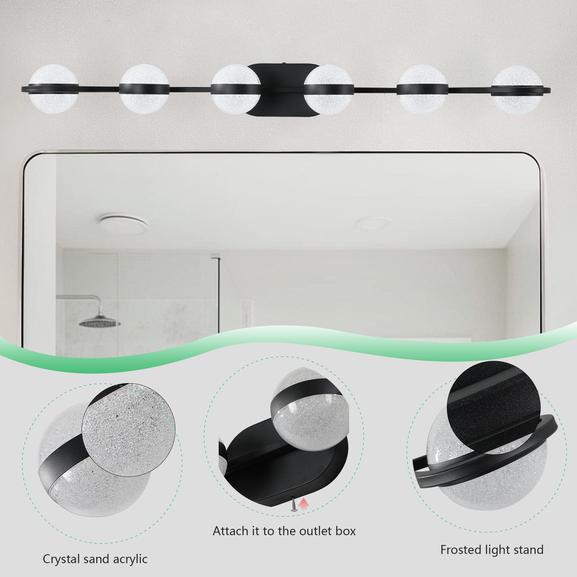 43" 6-Light Black LED Vanity Light with Crystal Sand Shades - view 8