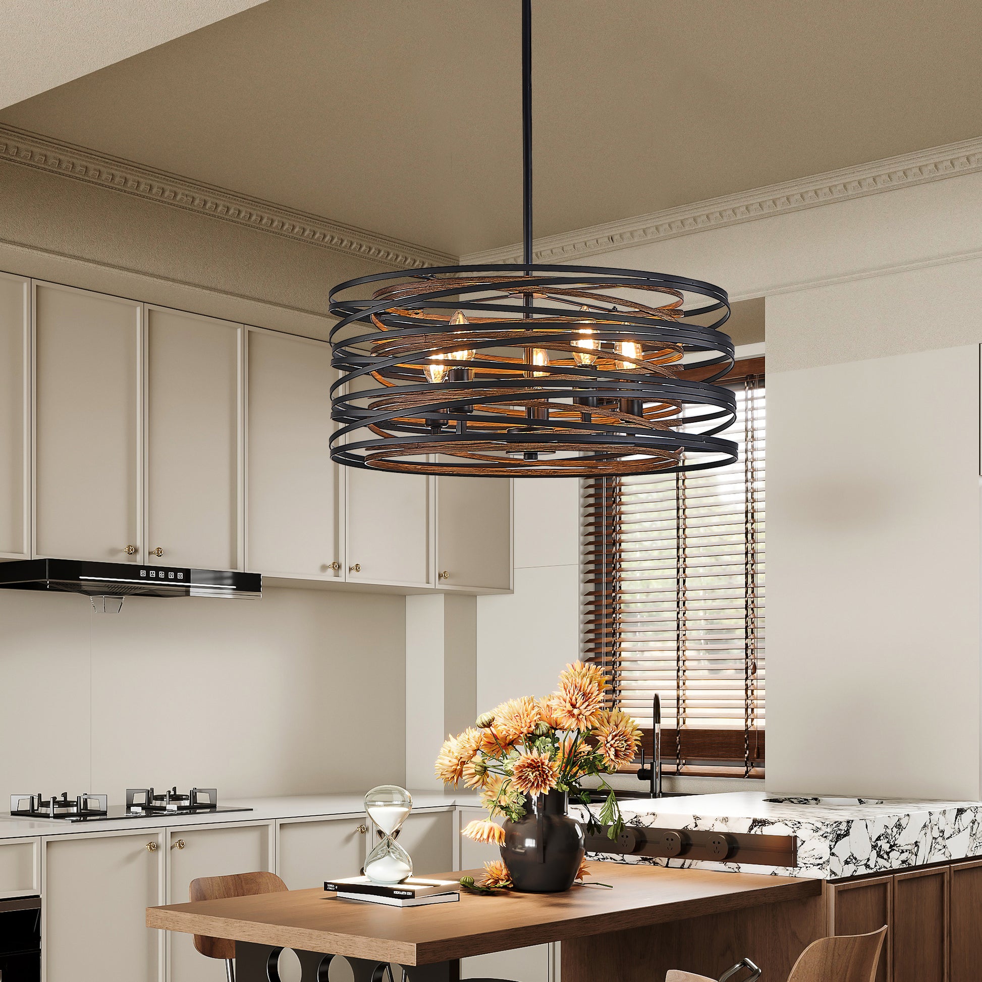 20" 5-Light Black and Walnut Industrial Cage Chandelier - view 4