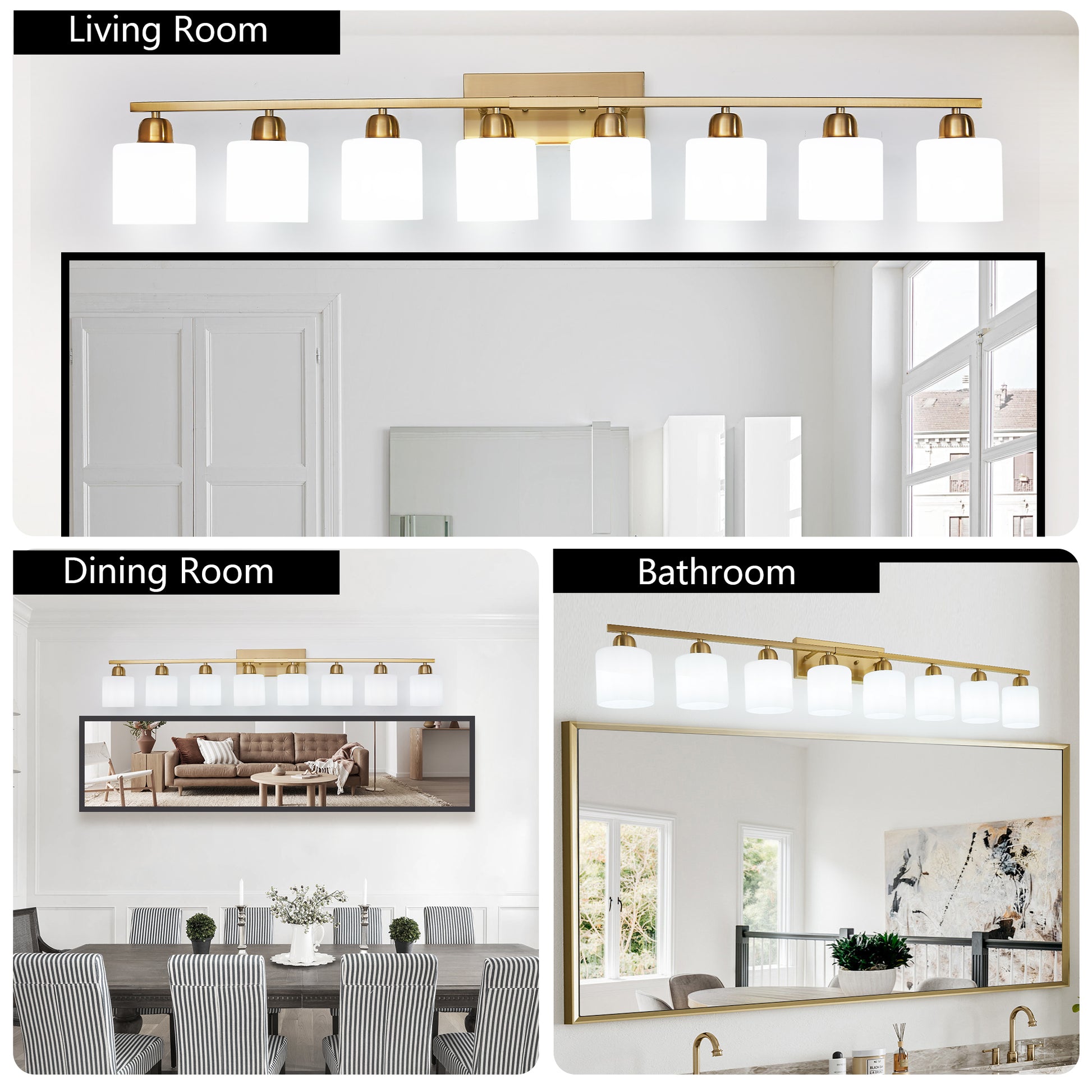 52" Gold Vanity Wall Light with White Glass Shade - view 6