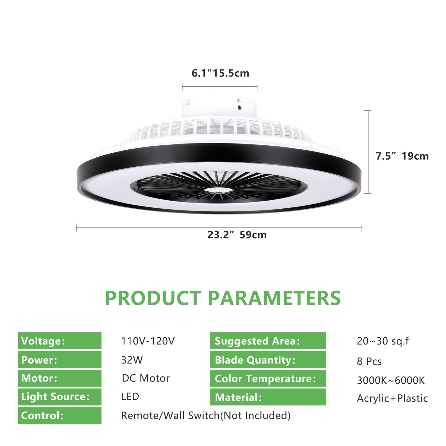 23" Black Ceiling Fan with Dimmable RGB LED - view 11