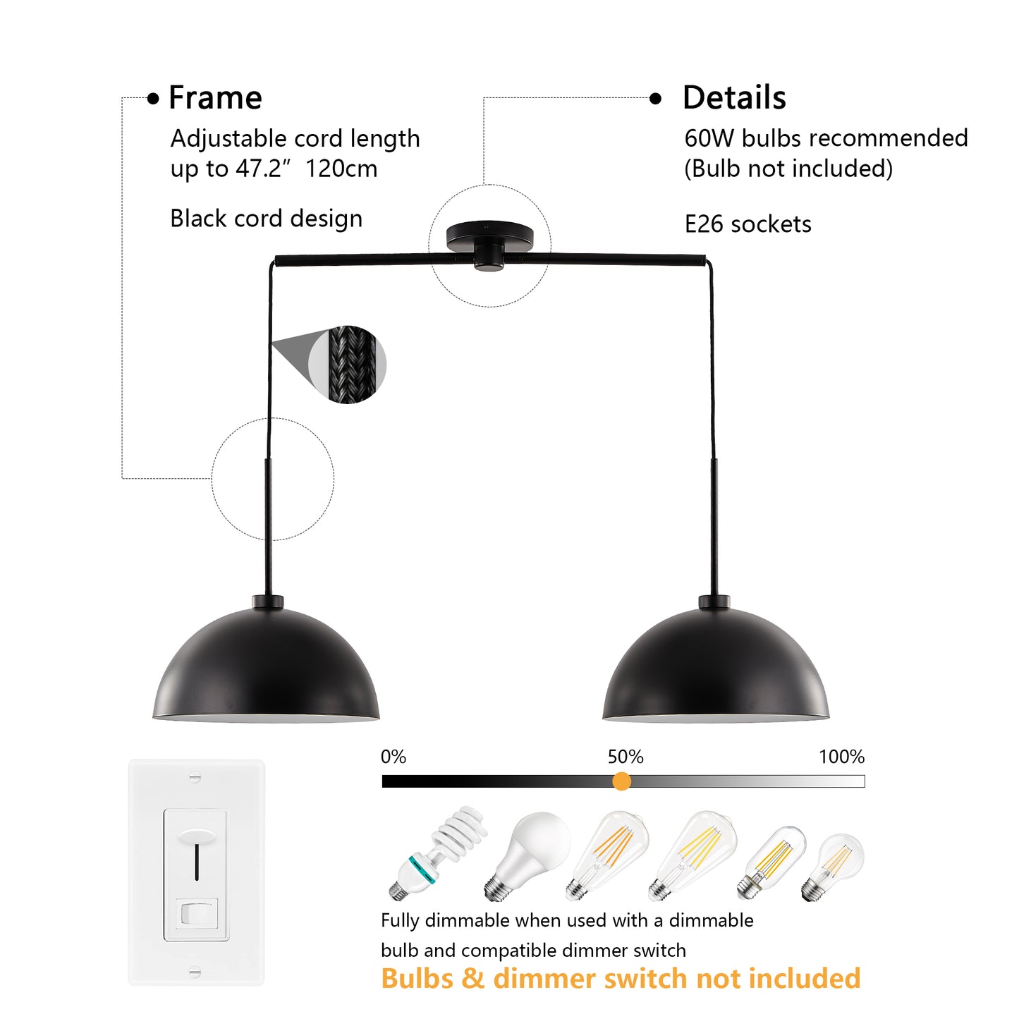 41" Matte Black Industrial Double Pendant Light - view 7