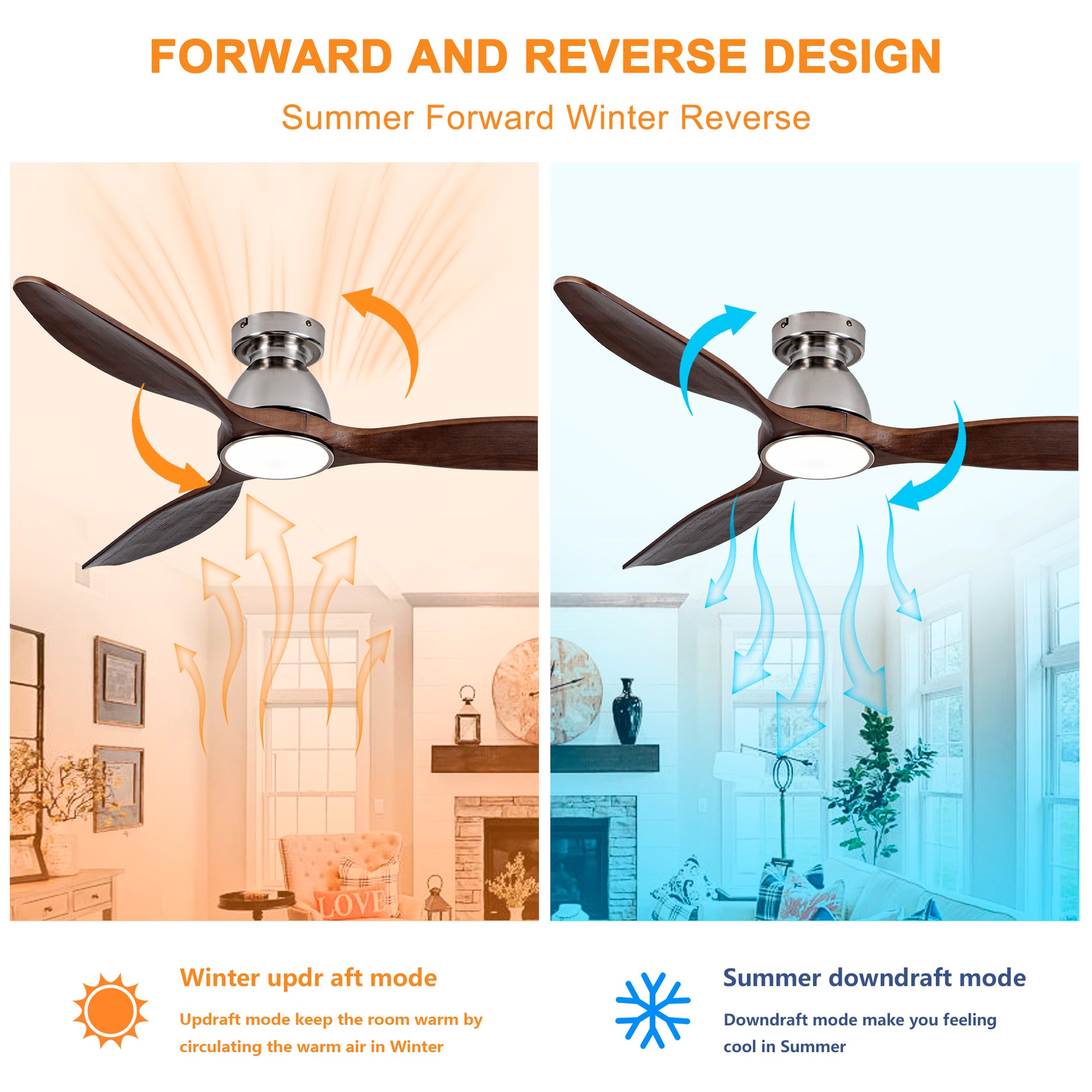 52" Walnut Solid Wood Flush Mount Ceiling Fan - view 9