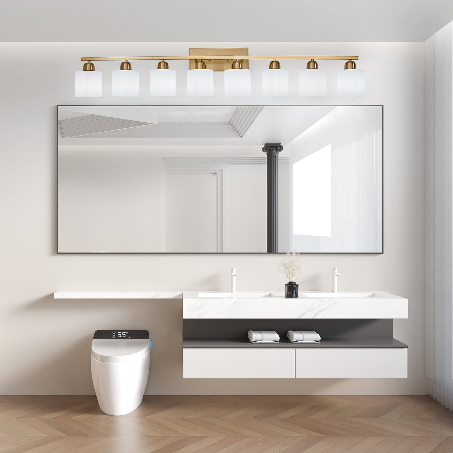 52" Gold Vanity Wall Light with White Glass Shade - view 3
