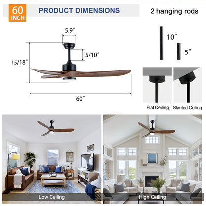 60" Matte Black Ceiling Fan with LED Light - view 7