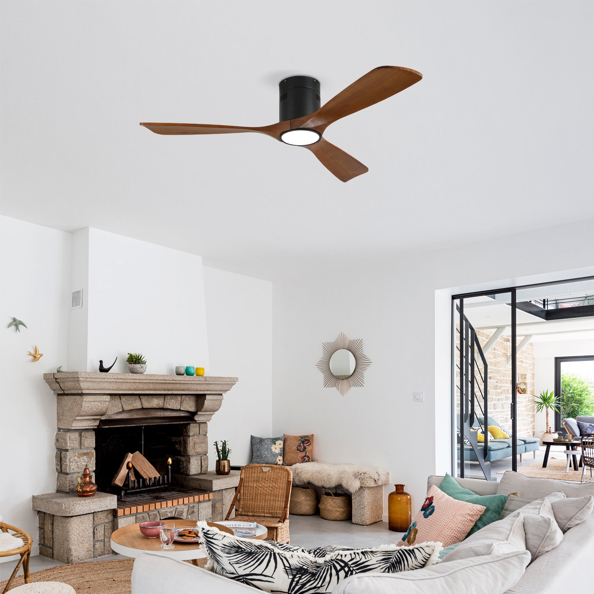 52" Matte Black & Wood Ceiling Fan with Dimmable LED - view 3