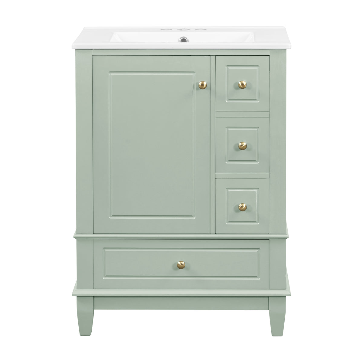24" Light Green Bathroom Vanity with Sink, 3 Drawers & Turned Legs
