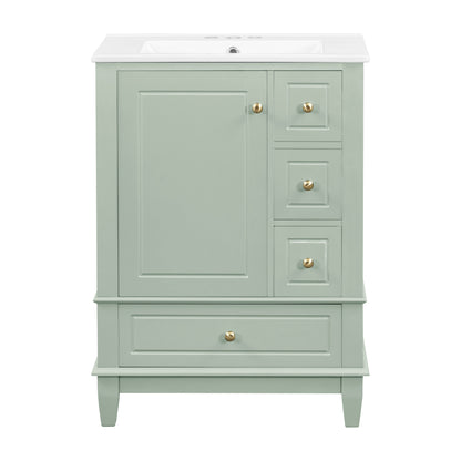 24" Light Green Bathroom Vanity with Sink, 3 Drawers & Turned Legs