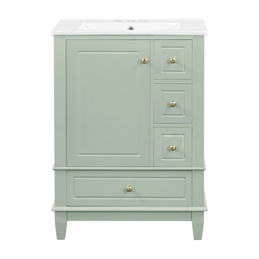 24" Light Green Bathroom Vanity with Sink, 3 Drawers & Turned Legs