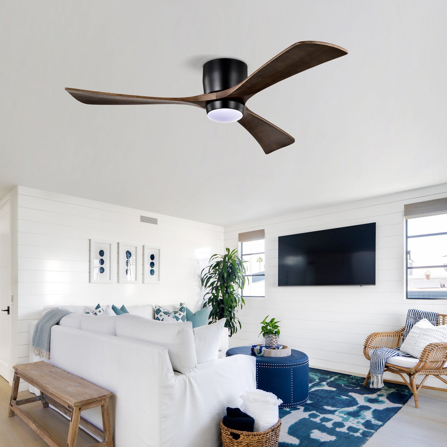 52" Matte Black Flush Mount Wood Ceiling Fan with Remote - view 3