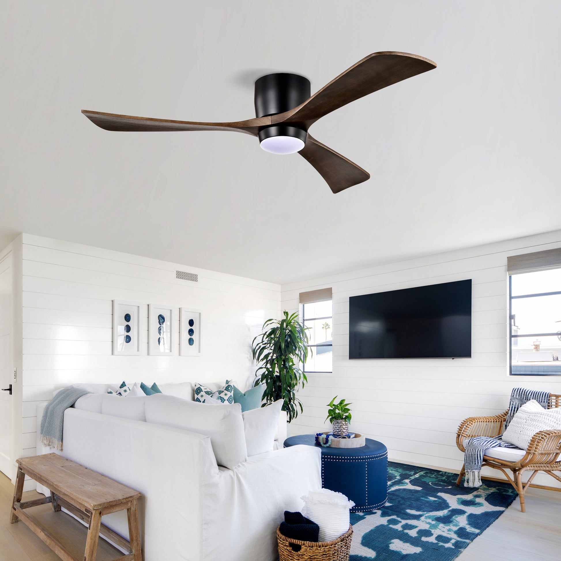 52" Matte Black Flush Mount Wood Ceiling Fan with Remote - view 3