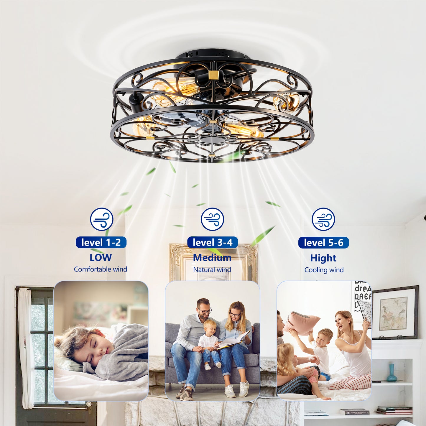 20" Matte Black Flush Mount Caged Ceiling Fan with Remote - view 15