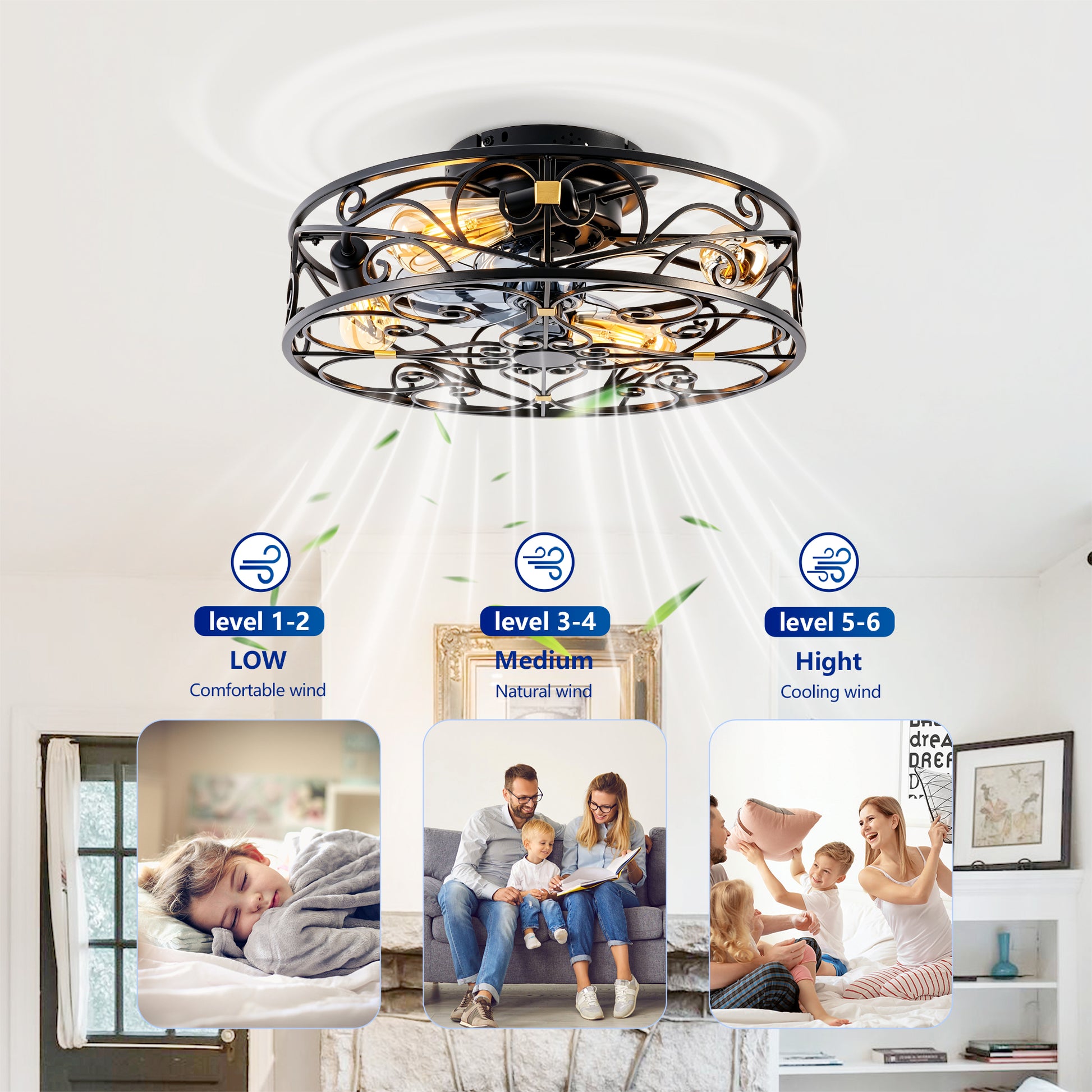 20" Matte Black Flush Mount Caged Ceiling Fan with Remote - view 15