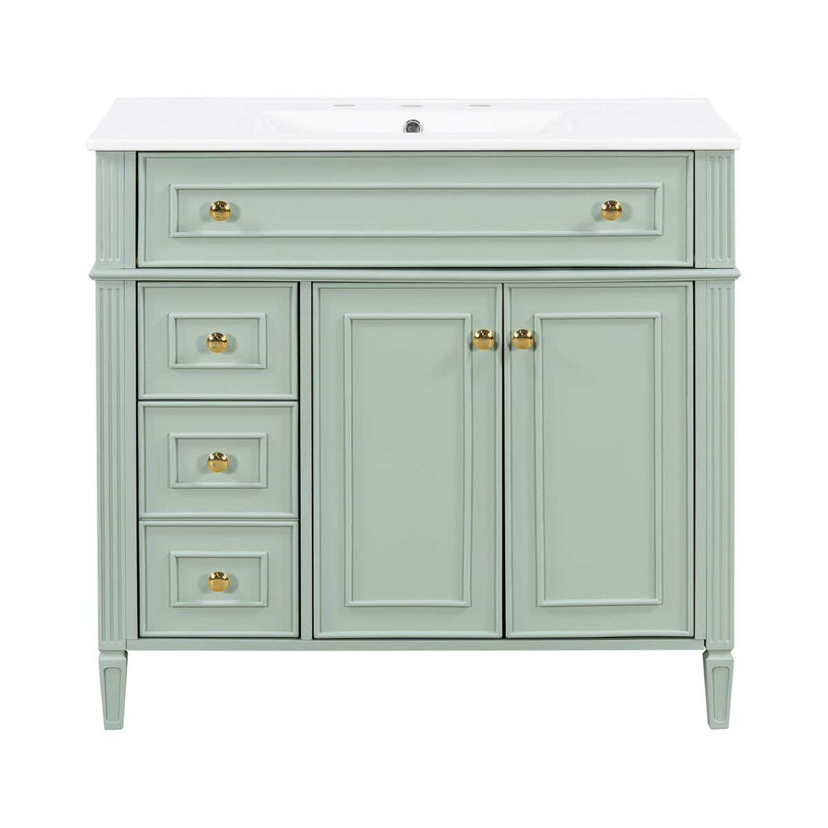 36" Green Bathroom Vanity with Sink, 3 Drawers & Gold Knobs