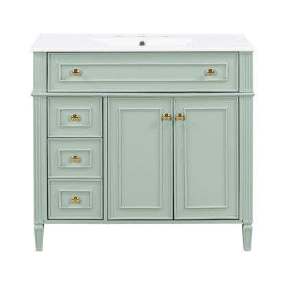 36" Green Bathroom Vanity with Sink, 3 Drawers & Gold Knobs