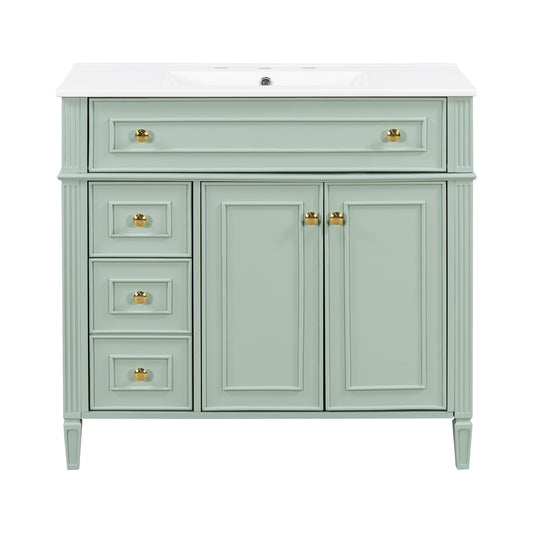 36" Green Bathroom Vanity with Sink, 3 Drawers & Gold Knobs