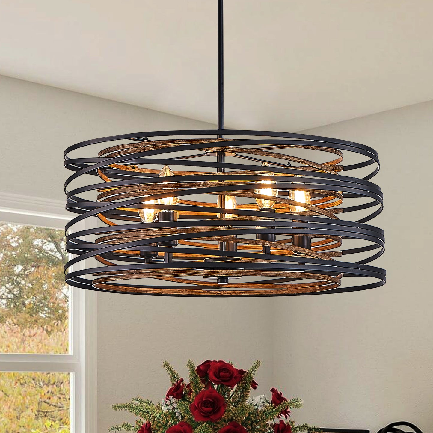 20" 5-Light Black and Walnut Industrial Cage Chandelier - view 5